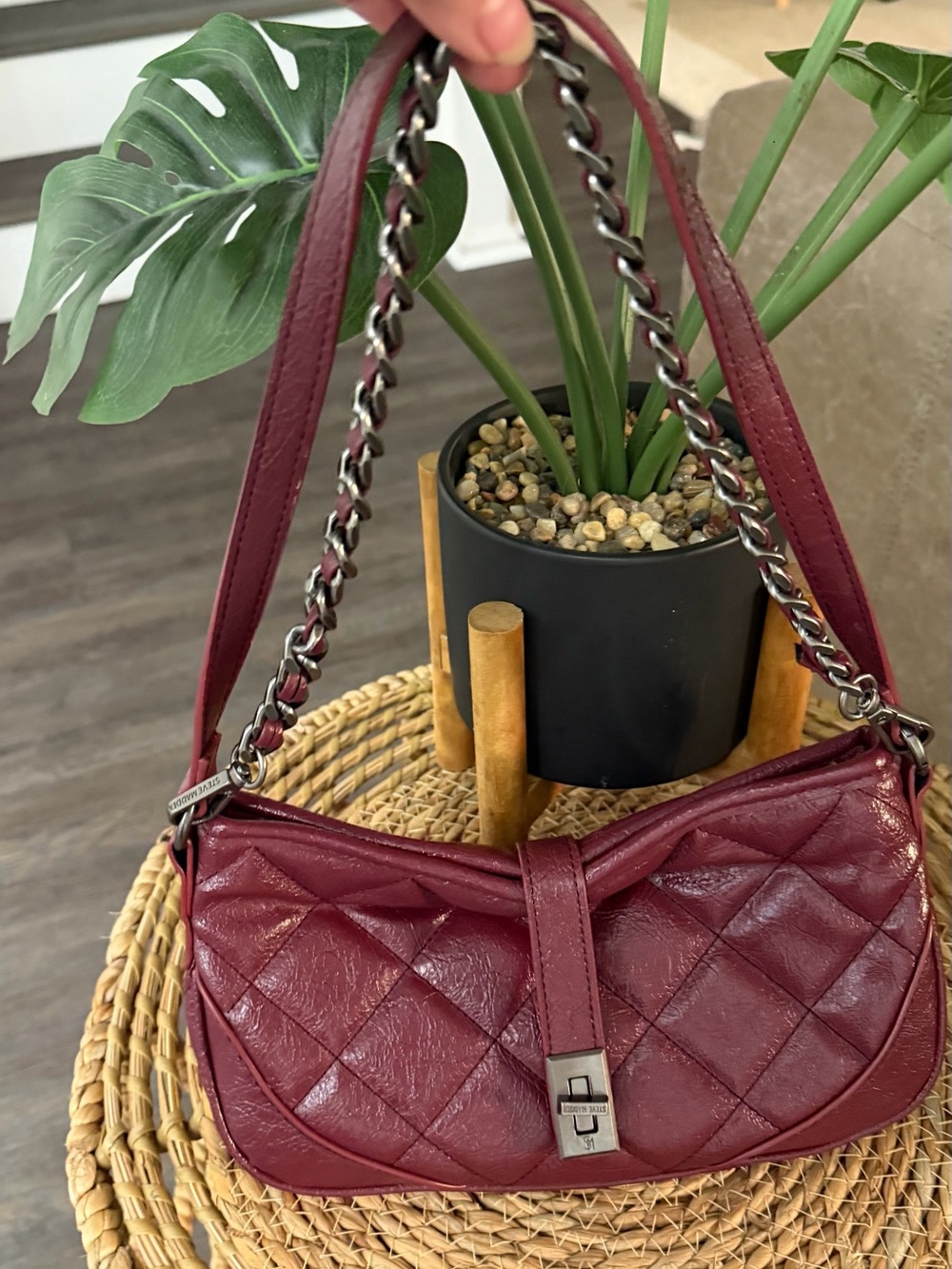 Steve Madden Burgundy Quilted Shoulder Bag Chain Strap Turn Lock Y2K